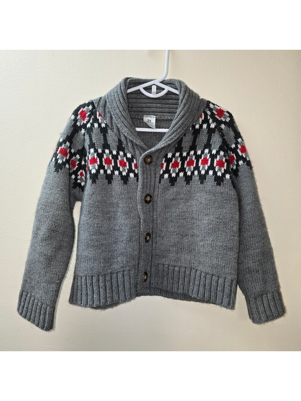 Carter's Toddler 2T Gray Shawl Collar Cardigan Sweater with Red and White Fairis